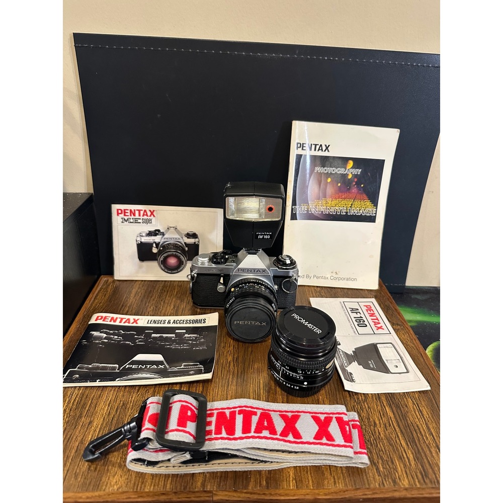 Pentax ME Super 35mm SLR Film Camera Kit with 28mm Lens AF160 Flash and Manuals